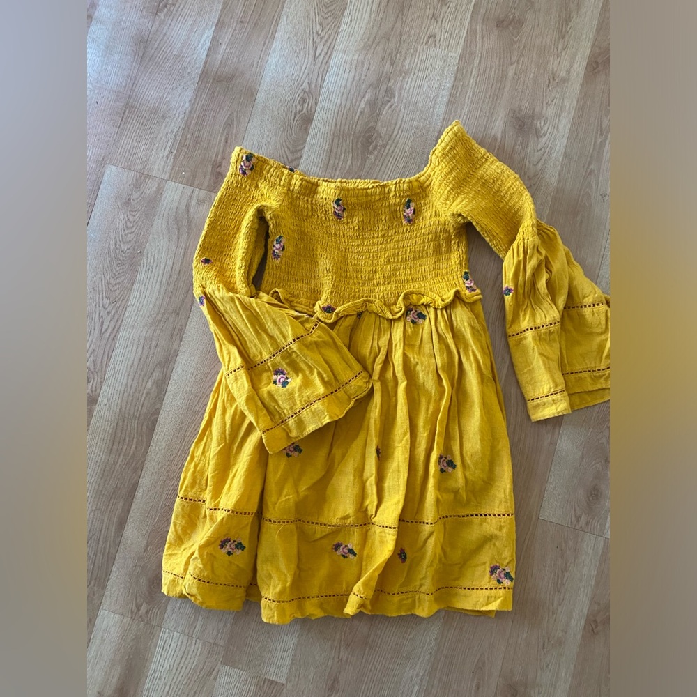 Free People Counting Daisies yellow off shoulder mini boho dress small - Picture 2 of 5